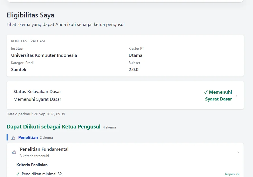 DP3M eligibility interface showing research grant eligibility criteria and status